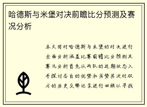 哈德斯与米堡对决前瞻比分预测及赛况分析