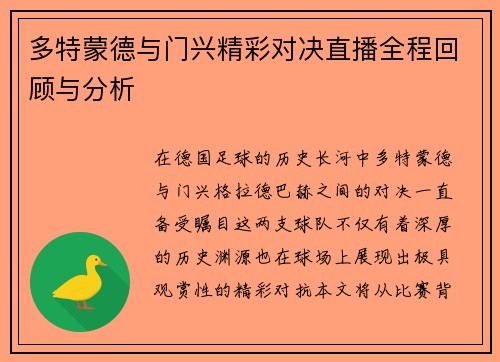 多特蒙德与门兴精彩对决直播全程回顾与分析
